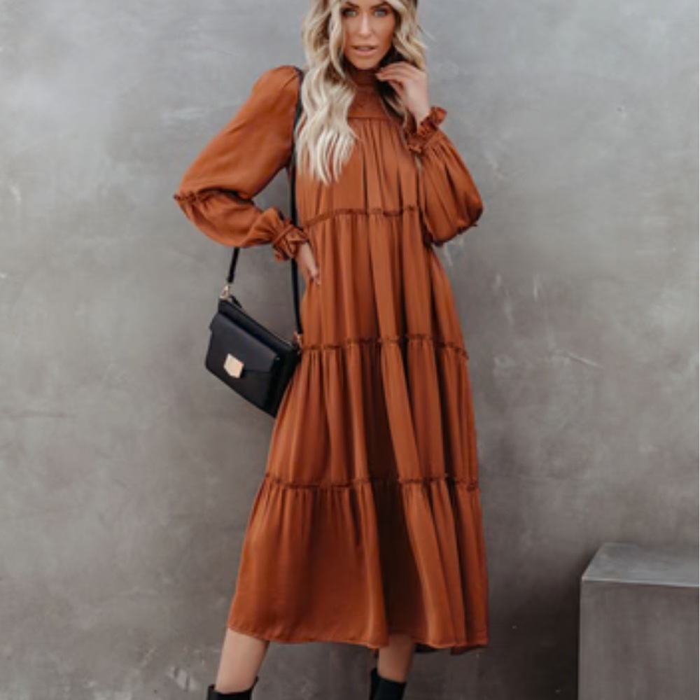 VICI Satin Tiered Boho Midi Dress